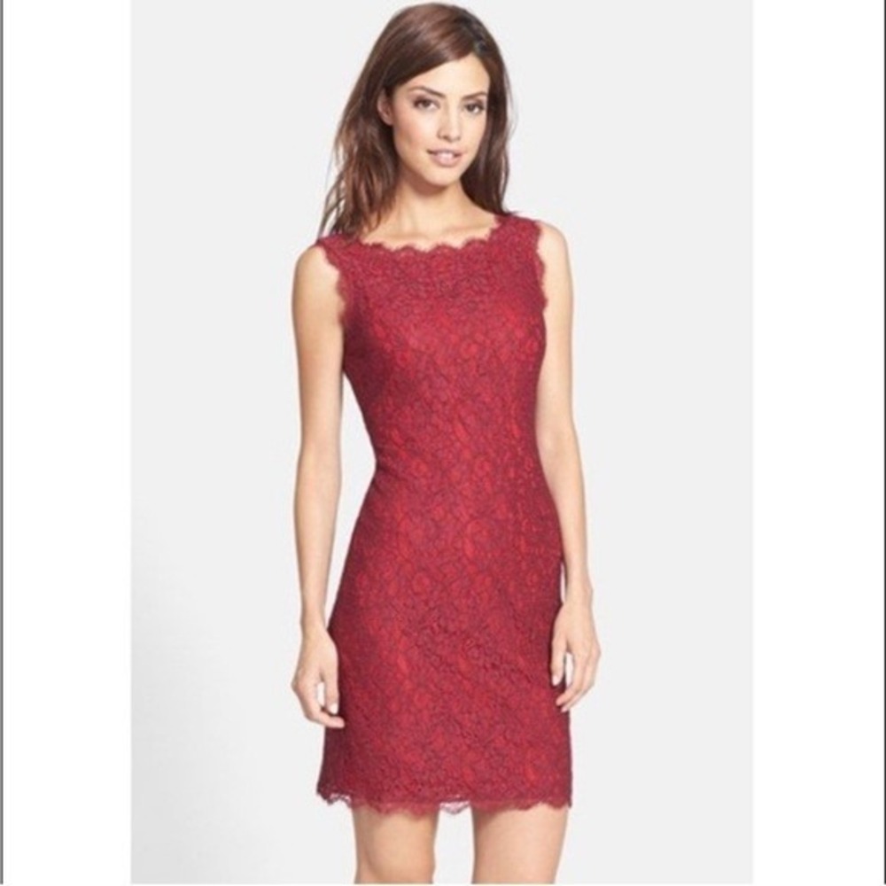 Adrianna Papell Dress Womens 10 Red Lace Sheath Sleeveless Scoop Neck Party